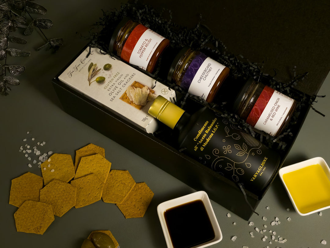 Gourmet Food Gift Box with Balsamic, Crackers, Chutney & Relish - Grape & Bean