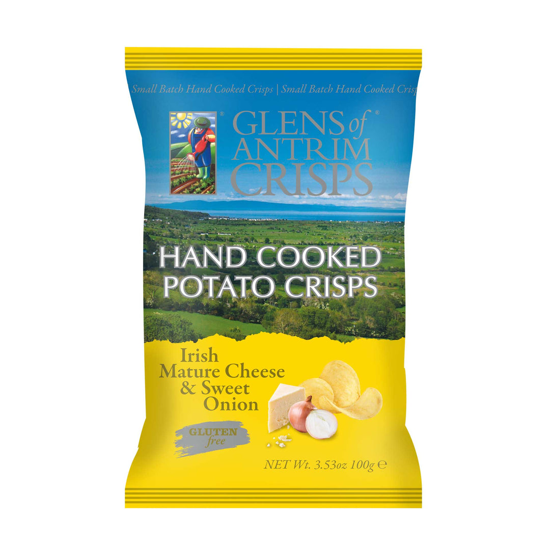 Packaging of Glens of Antrim Crisps Hand Cooked Potato Crisps with scenic design on a white background
