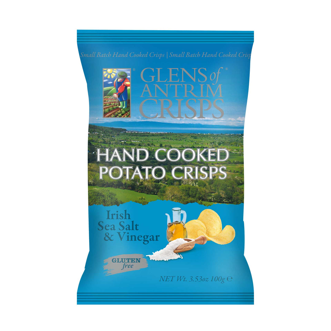 Packaging of Glens of Antrim Crisps with scenic design on a white background