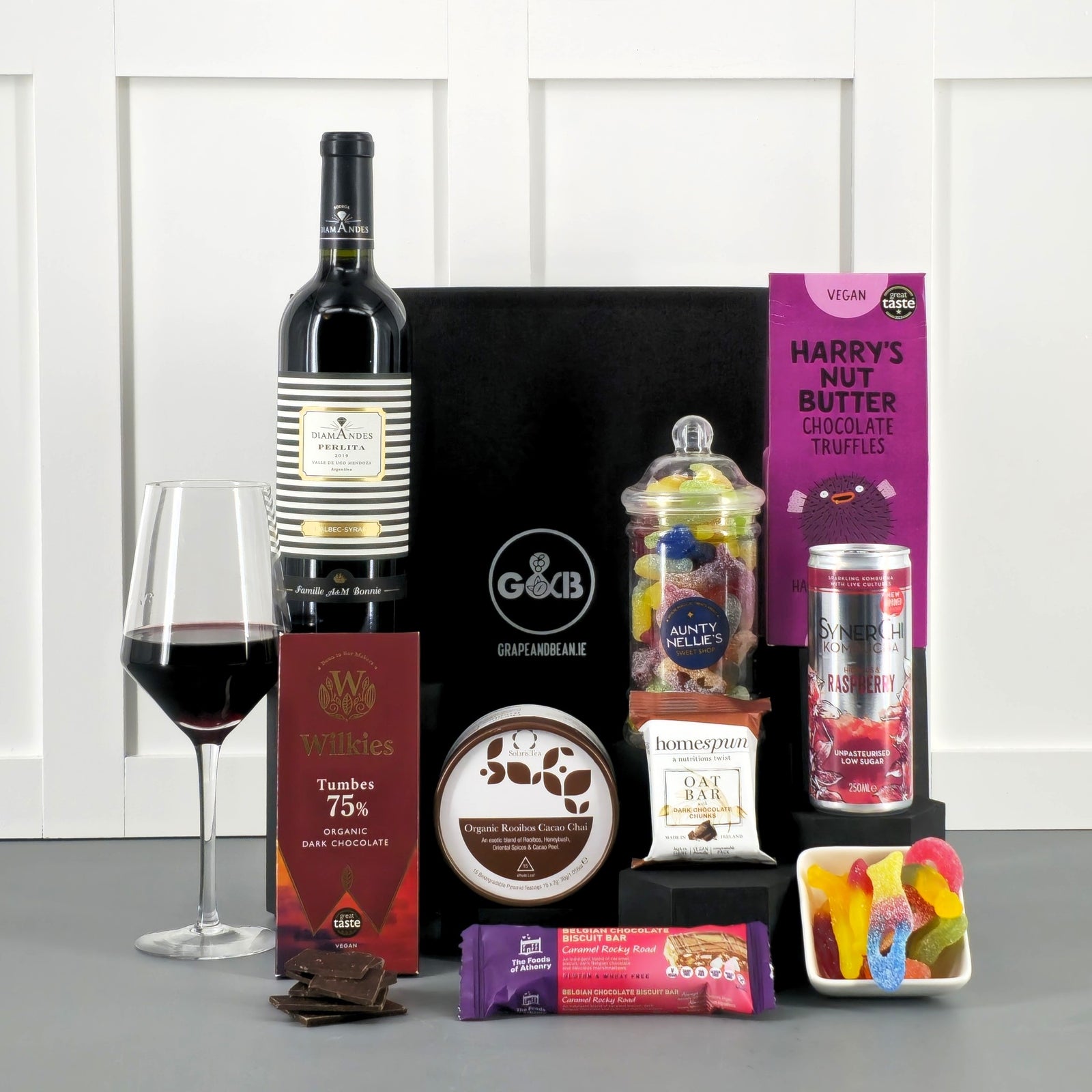 Artisan Irsih Food Hamper with Malbec, chocolate, jellies, tea bags, truffles kombucha in a black gift box -Vegan Friendly