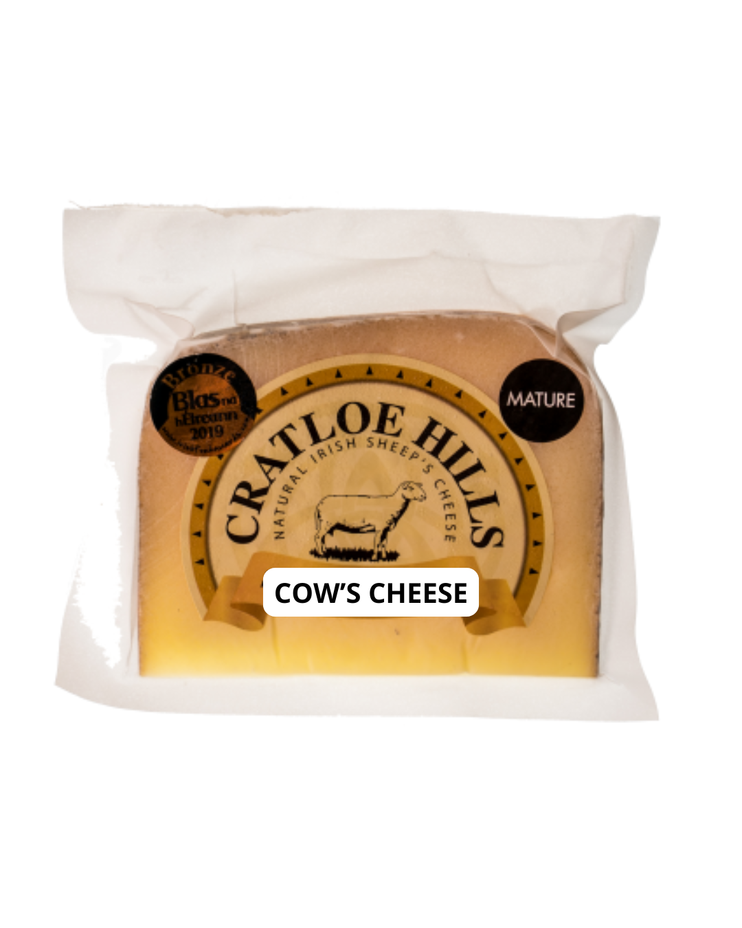 Cratloe Hills cheese in a transparent package with cow&