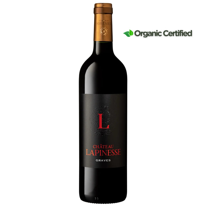 Chateau Lapinesse wine bottle with organic certification label on a white background