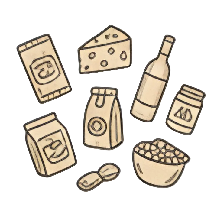Illustrations of a bottle, cheese, and various food packages 