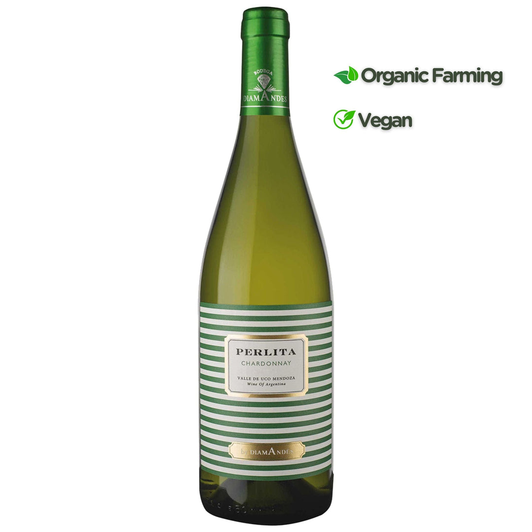 Green wine bottle with striped label on a white background, featuring organic farming and vegan icons.