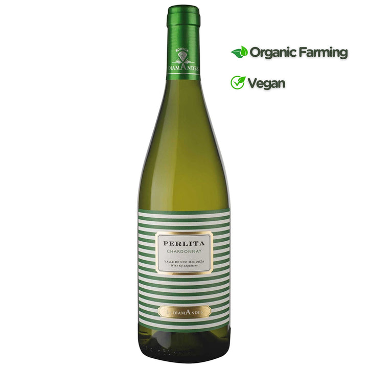 Green wine bottle with striped label on a white background, featuring organic farming and vegan icons.