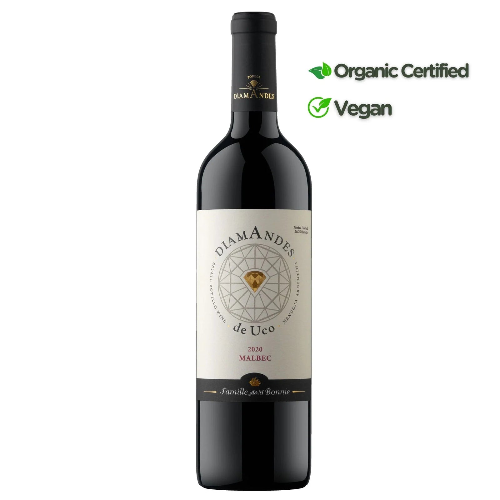 Wine bottle with 'Diamandes' label on a white background, featuring organic and vegan certification icons.