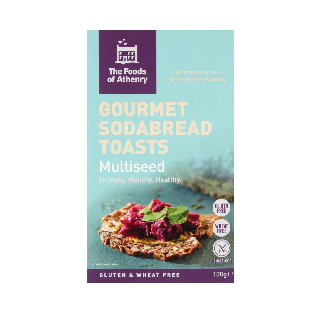 Box of Gourmet Sodabread Toasts with multiseed topping on a light blue background