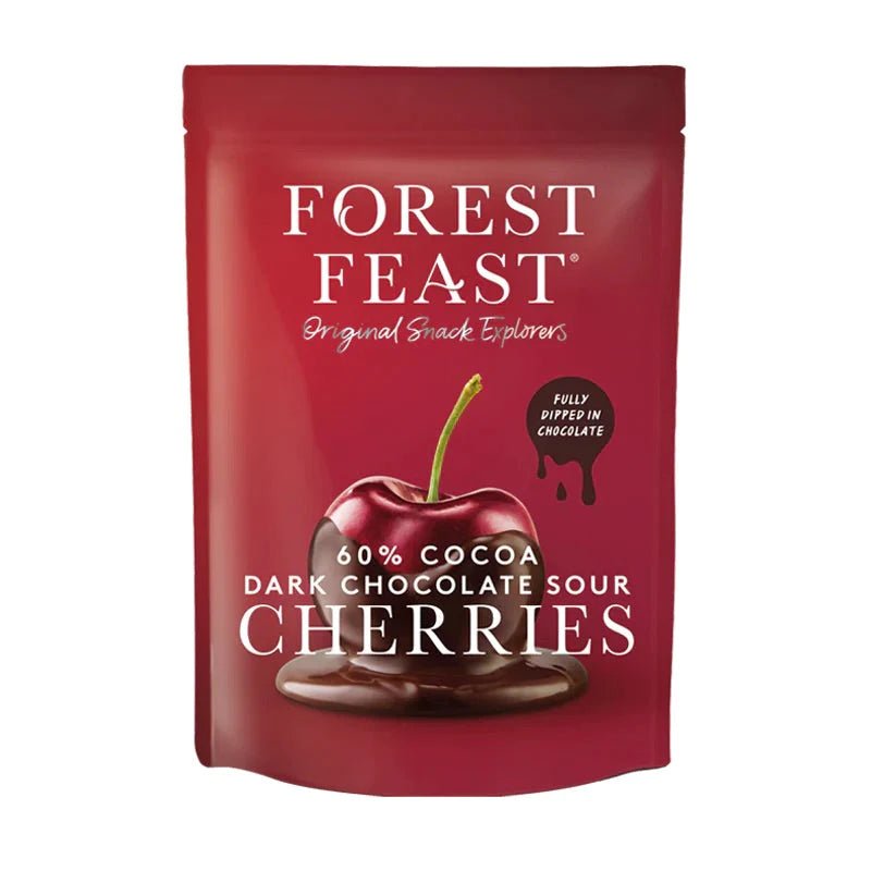 Red packaging of Forest Feast dark chocolate sour cherries on a white background
