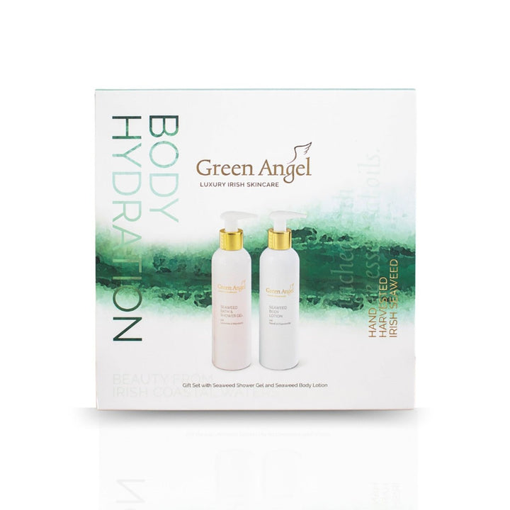 Green Angel body care product set packaging on a white background