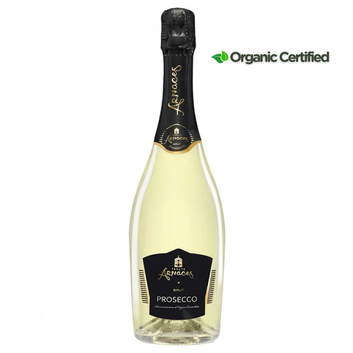 Bottle of prosecco with a black label on a white background, featuring the brand &