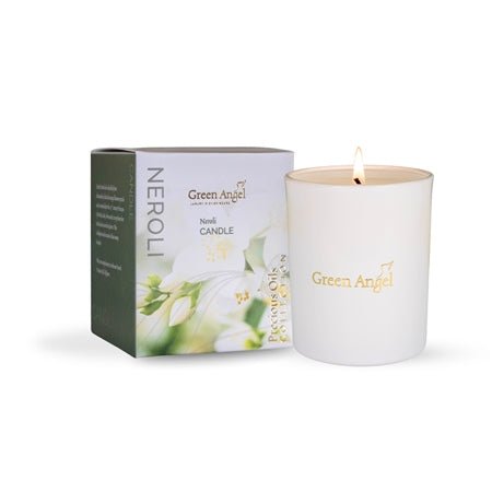 Green Angel Neroli candle and packaging on a white background