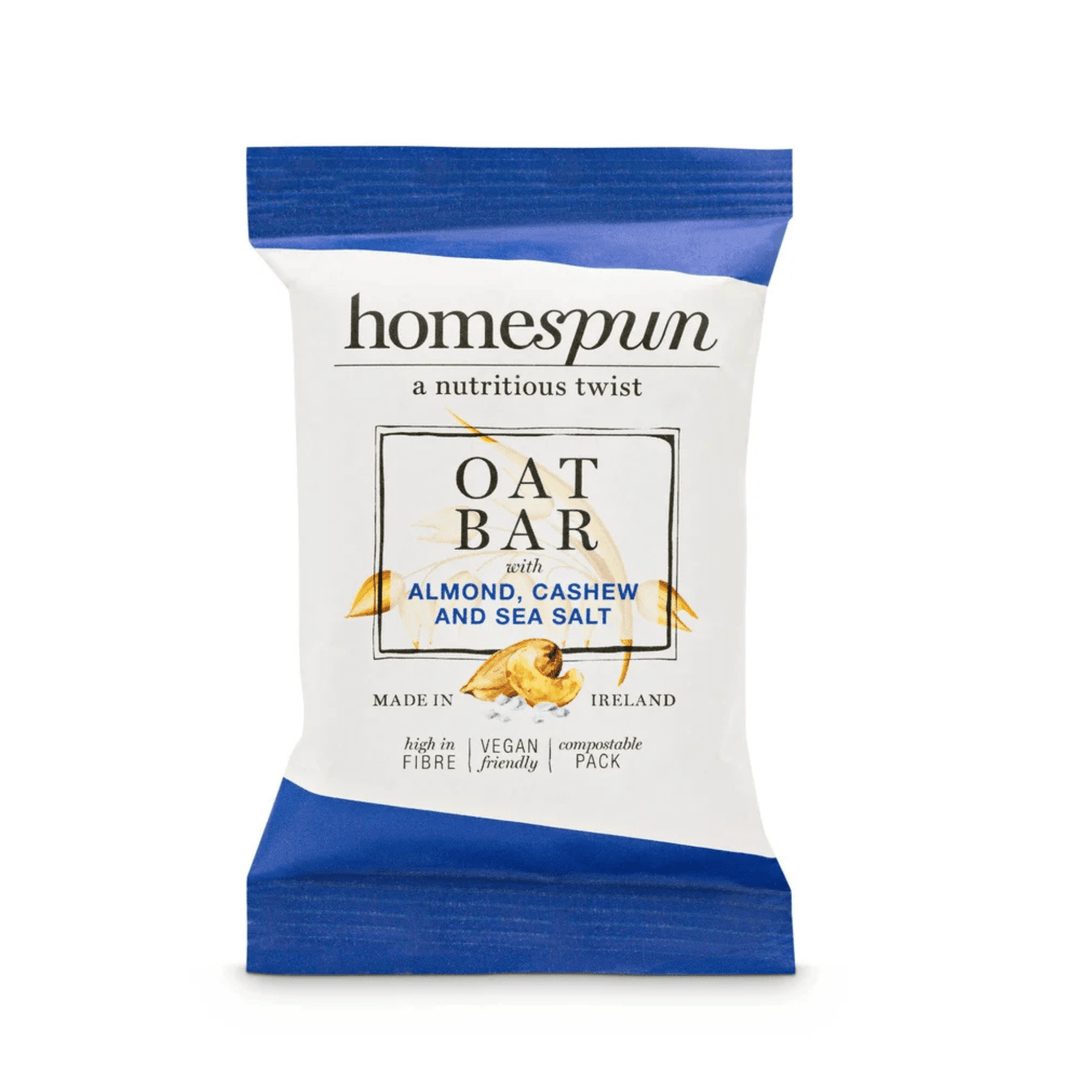 Homespun oat bar package with blue and white design on a white background