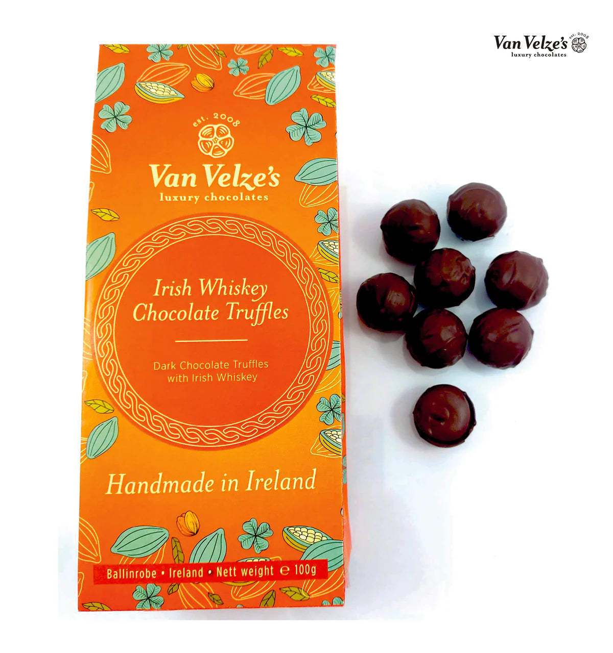 Orange box of Irish Whiskey truffles 100g with a white background