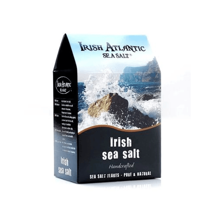 Packaging of Irish Atlantic Sea Salt with scenic design on a white background