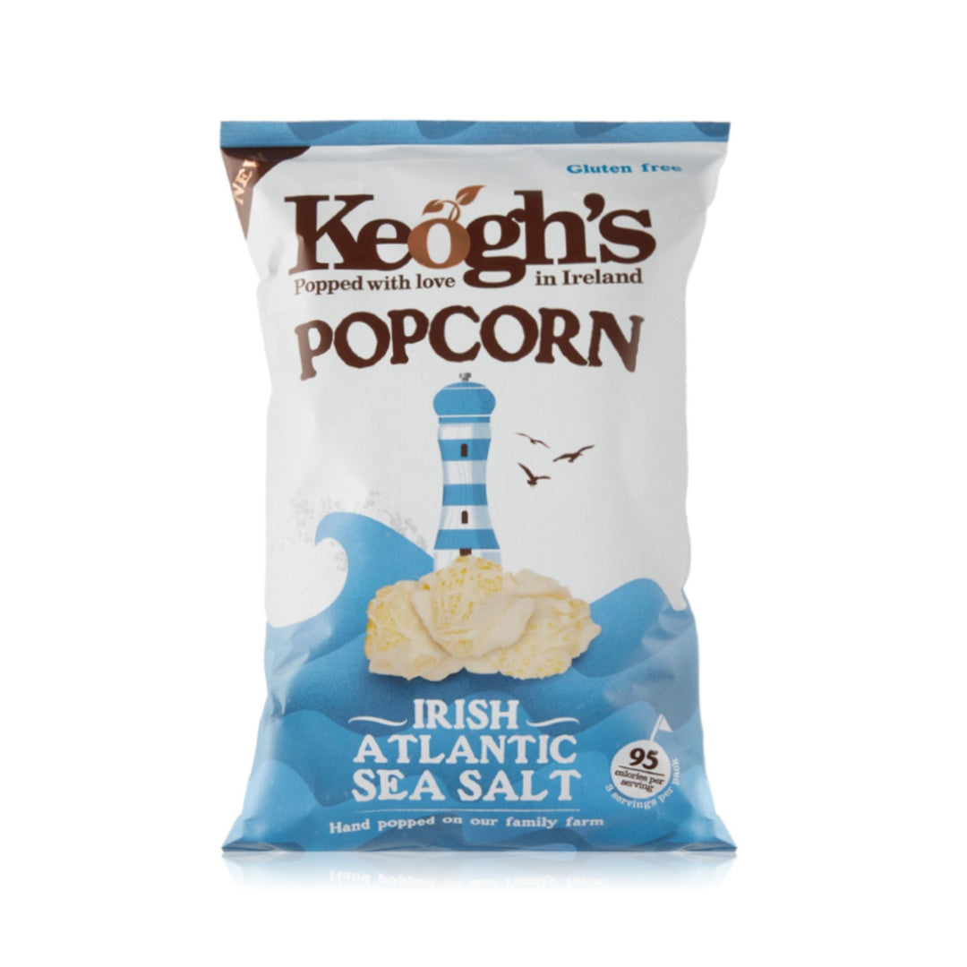 Keoghs popcorn bag with blue and white design on a white background