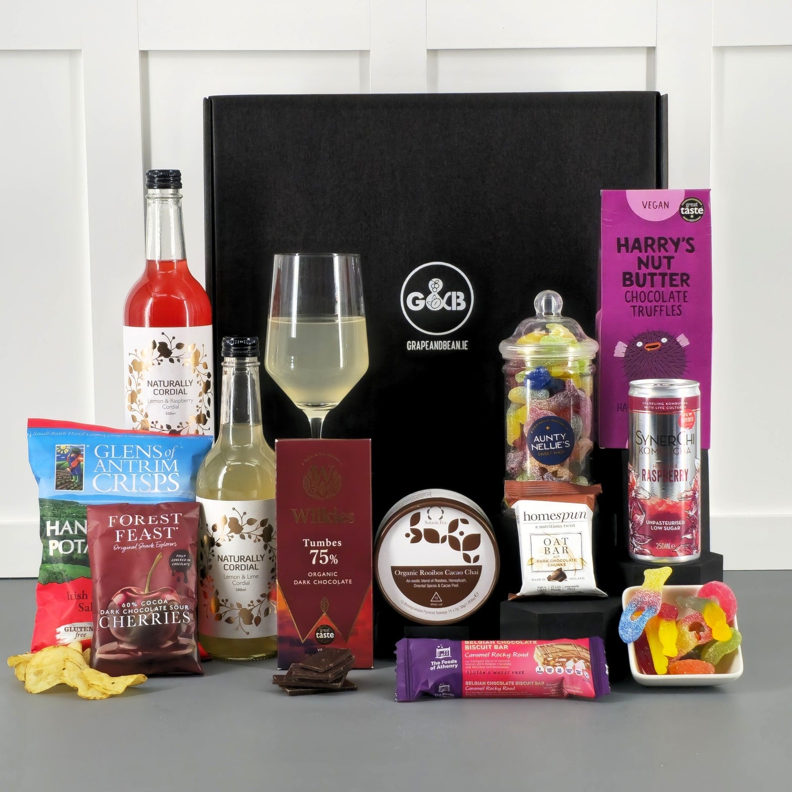 Food Hamper, vegan friendly with chocolate, tea, crisps, cordial, jellies, truffles and kombucha