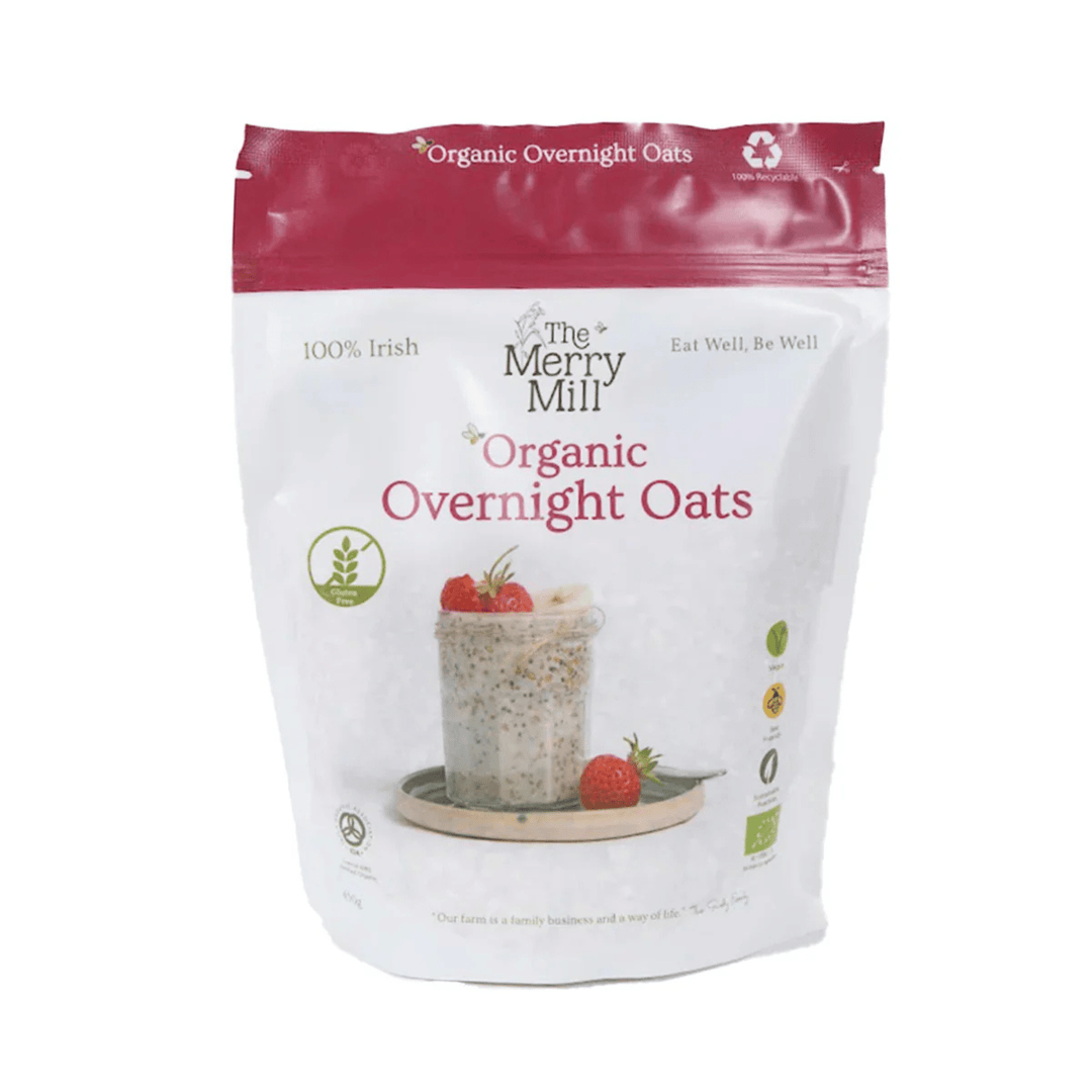 Bag of The Merry Mill Organic Overnight Oats on a white background