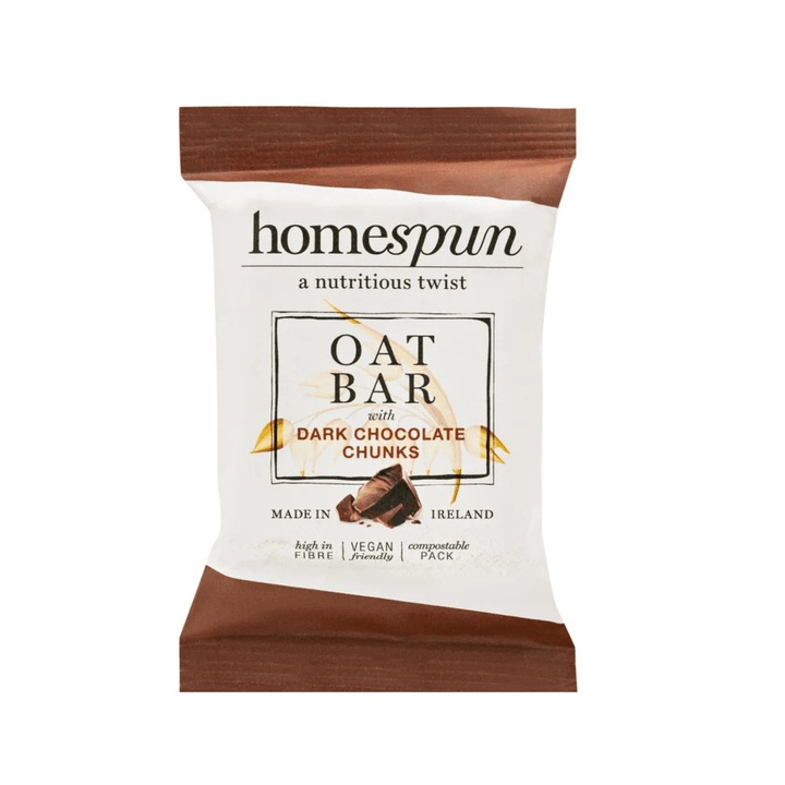 Homespun oat bar with dark chocolate chunks packaging on a white background