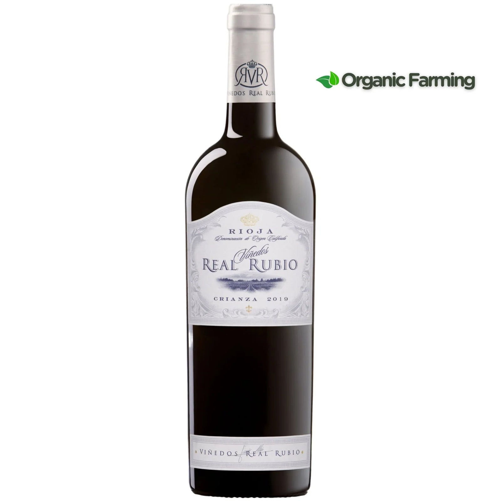 Bottle of Real Rubio wine with a white label on a white background