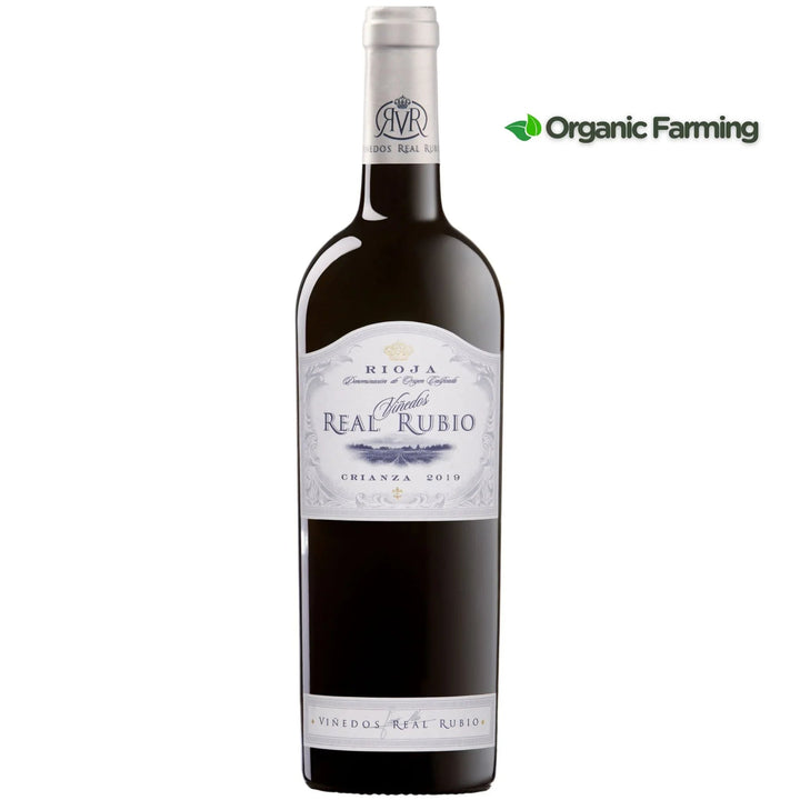 Bottle of Real Rubio wine with a white label on a white background