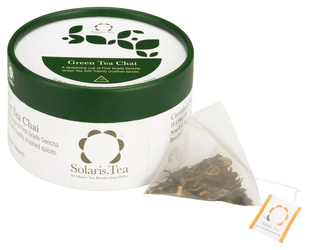 Solaris Tea green tea chai packaging with a tea bag on a white background