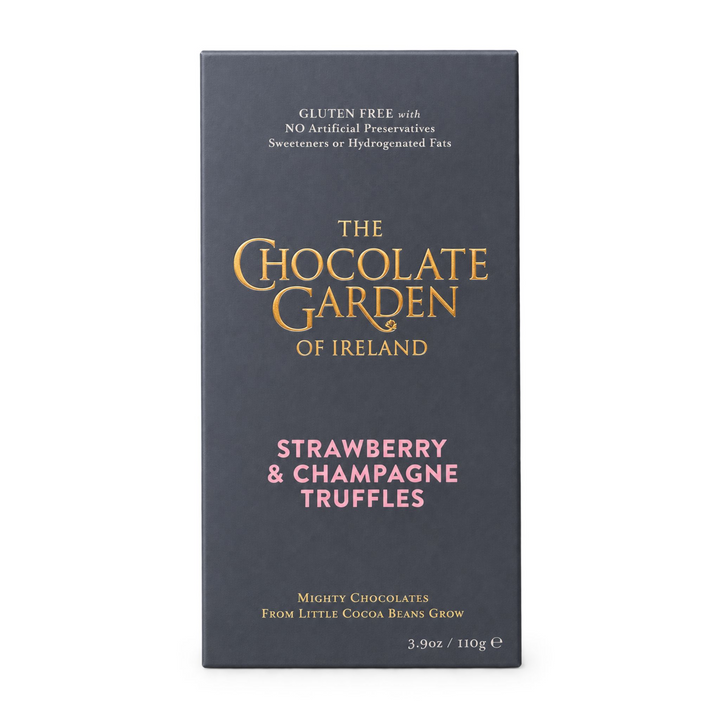 The Chocolate Garden of Ireland Strawberry &amp; Champagne Truffles packaging box, featuring a dark charcoal gray background with gold and pink lettering.