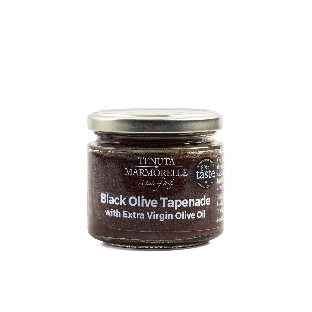Jar of Tenuta Marmorelle Black Olive Tapenade on a white background