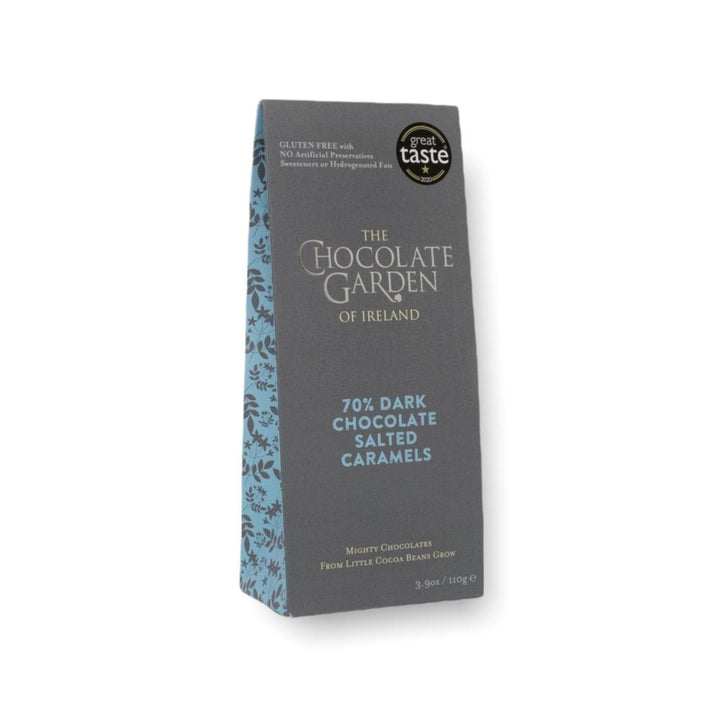 Box of The Chocolate Garden of Ireland 70% Dark Chocolate Salted Caramels on a white background