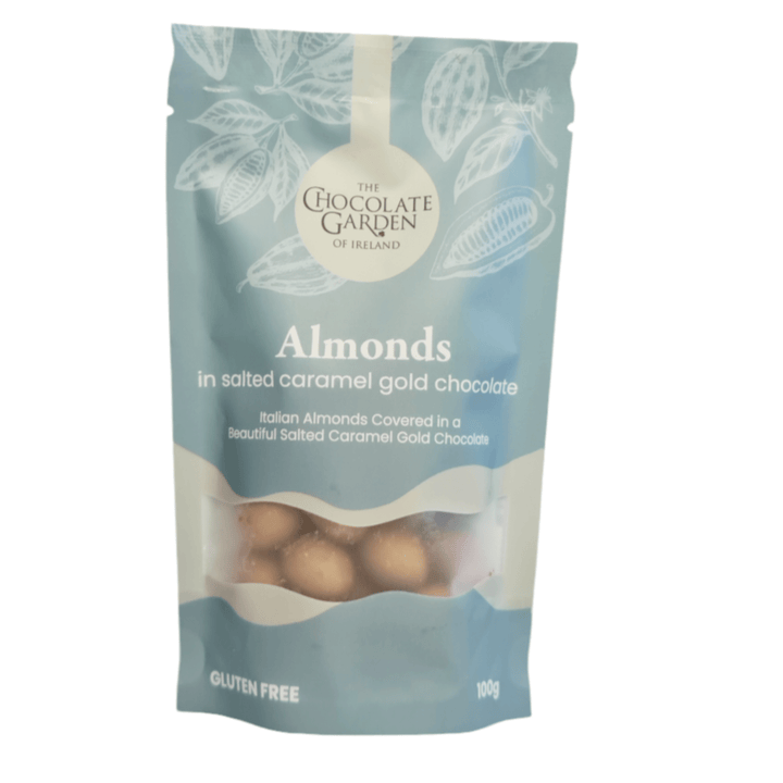 Packaging of The Chocolate Garden of Ireland almonds in salted caramel gold chocolate on a white background