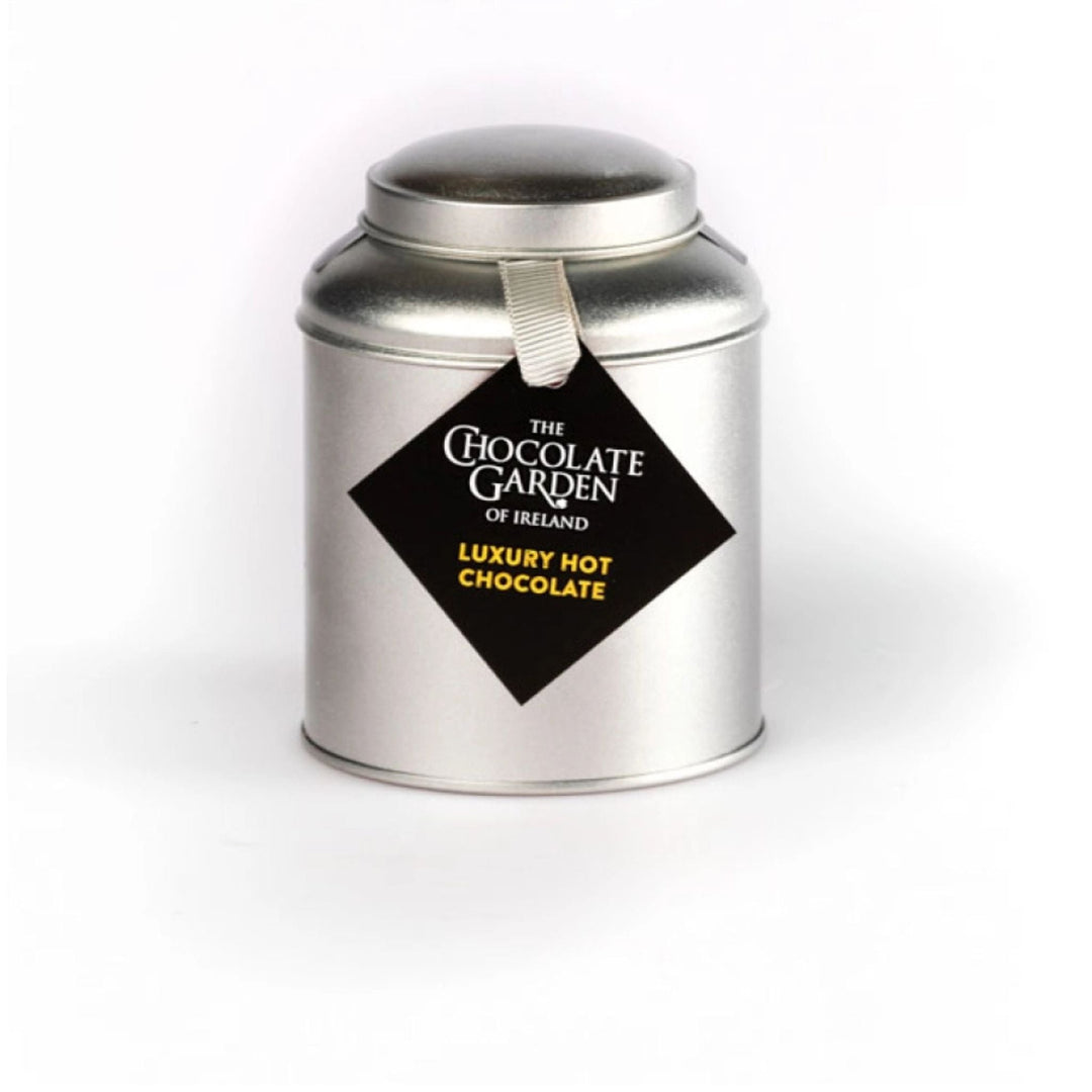 Silver tin of Luxury Hot Chocolate from The Chocolate Garden of Ireland on a white background