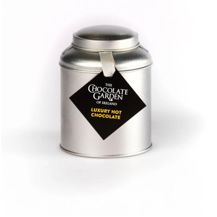 Silver tin of Luxury Hot Chocolate from The Chocolate Garden of Ireland on a white background