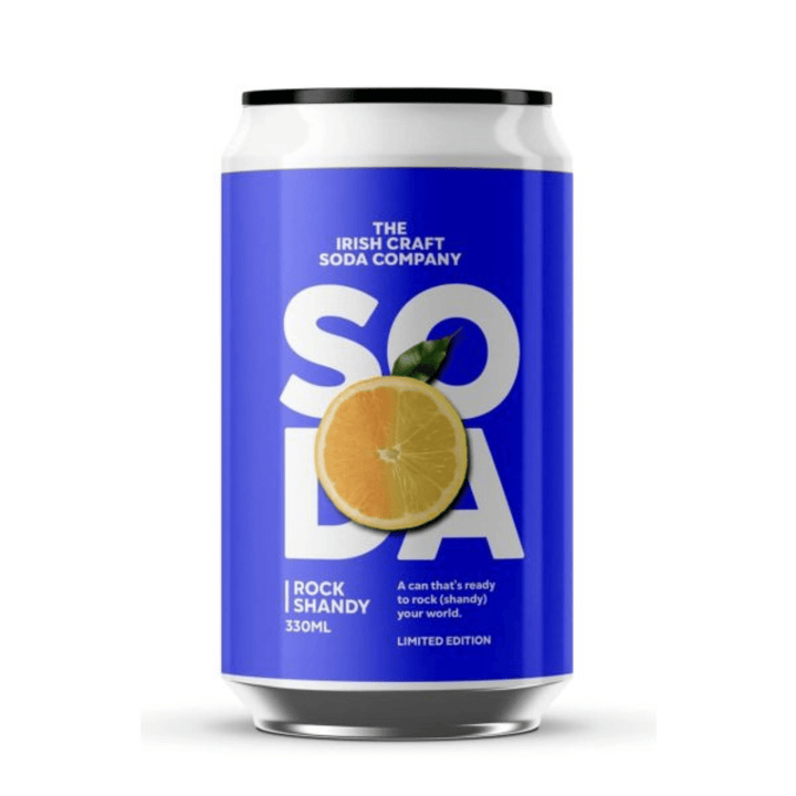 Soda can with blue label featuring a lemon graphic and text on a white background