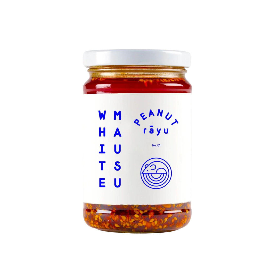 Jar of peanut räyu with visible brand name on a white background