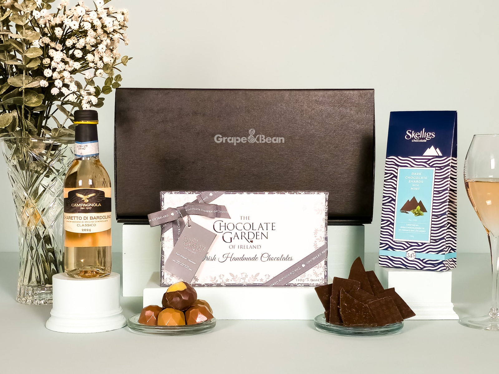 Artisan Irish Chocolates and Rosé Wine Gift Box - Grape & Bean