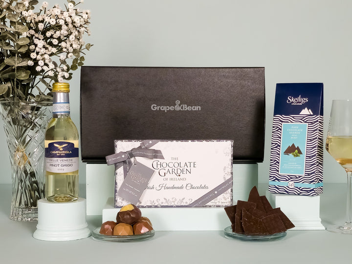 Artisan Irish Chocolates and White Wine Gift Box - Grape &amp; Bean