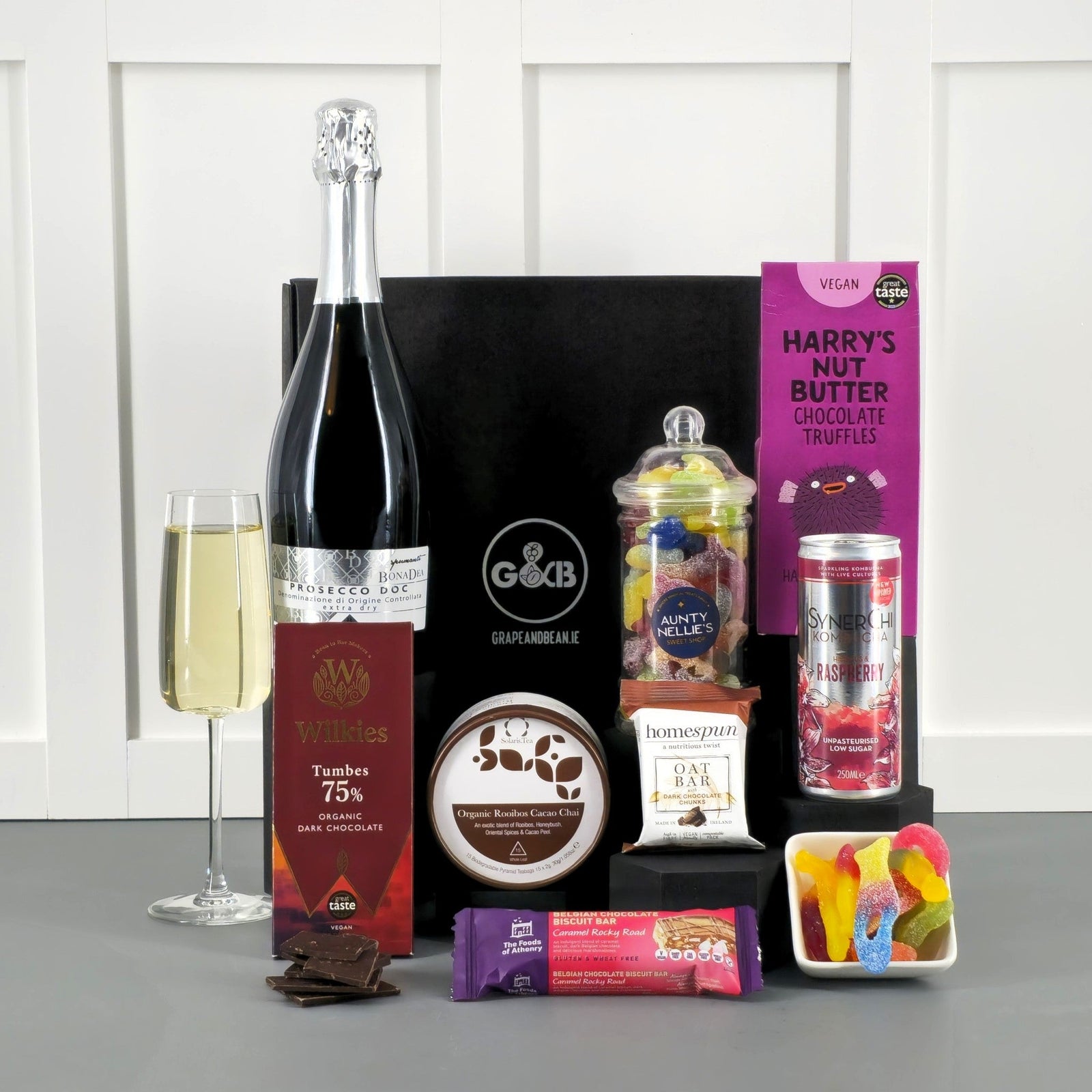 Artisan Irish Food Hamper with Prosecco, chocolate, jellies, tea bags, truffles - Vegan Friendly -in a black gift box