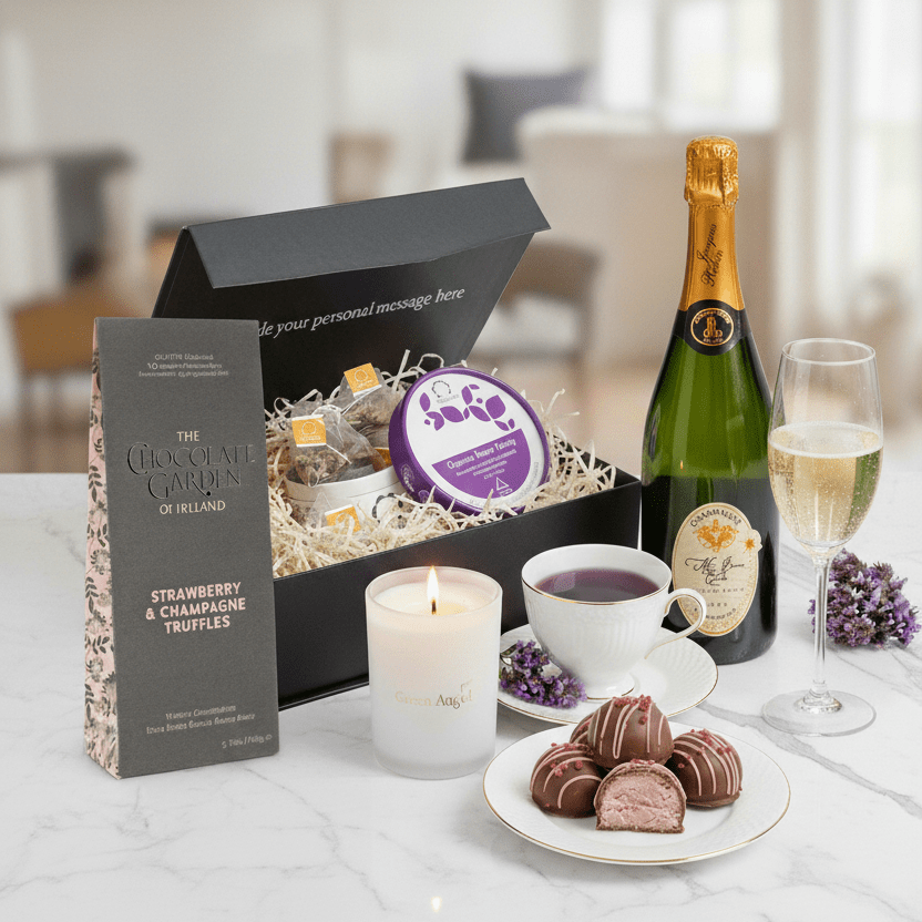 Gourmet gift set with chocolate truffles, wine, and a candle on a marble surface.