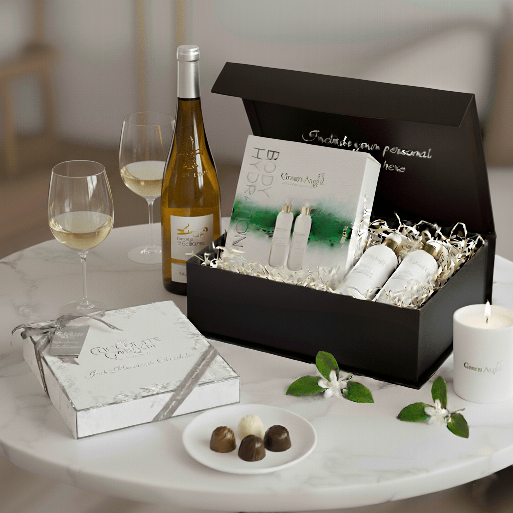 Gourmet gift set with wine, chocolates, candles and body lotion in a black gift box