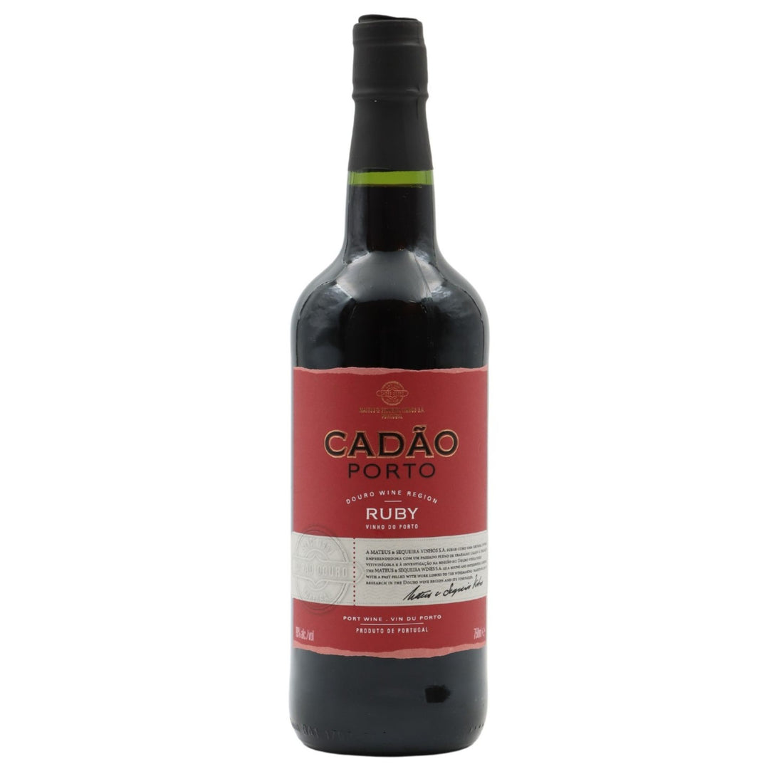 A bottle of Cadão Porto Ruby red wine, featuring a dark glass bottle with a red label and a black screw cap, set against a plain white background.