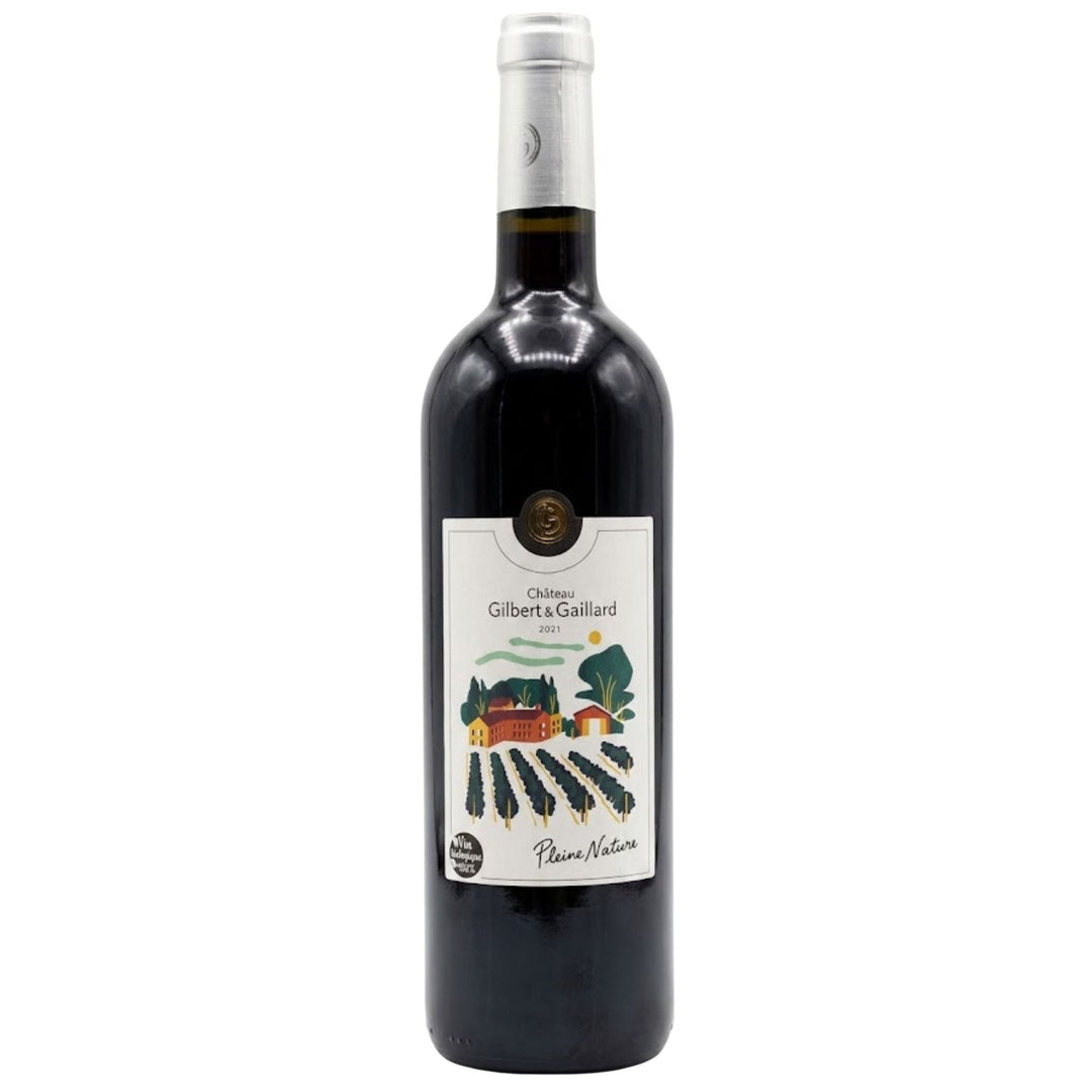 A bottle of Chablis Gilbert &amp; Gaillard wine with a white label featuring a farm illustration, set against a plain white background.