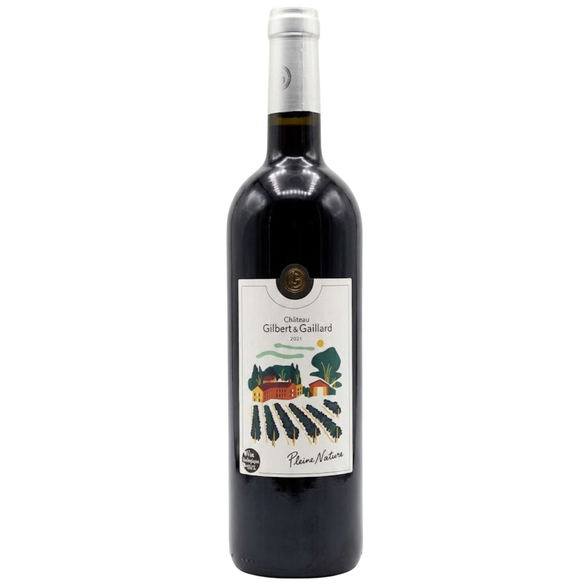 A bottle of Chablis Gilbert & Gaillard wine with a white label featuring a farm illustration, set against a plain white background.
