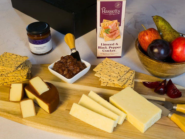 Cheese, Crackers & Chutney in a black grape and bean gift box  
