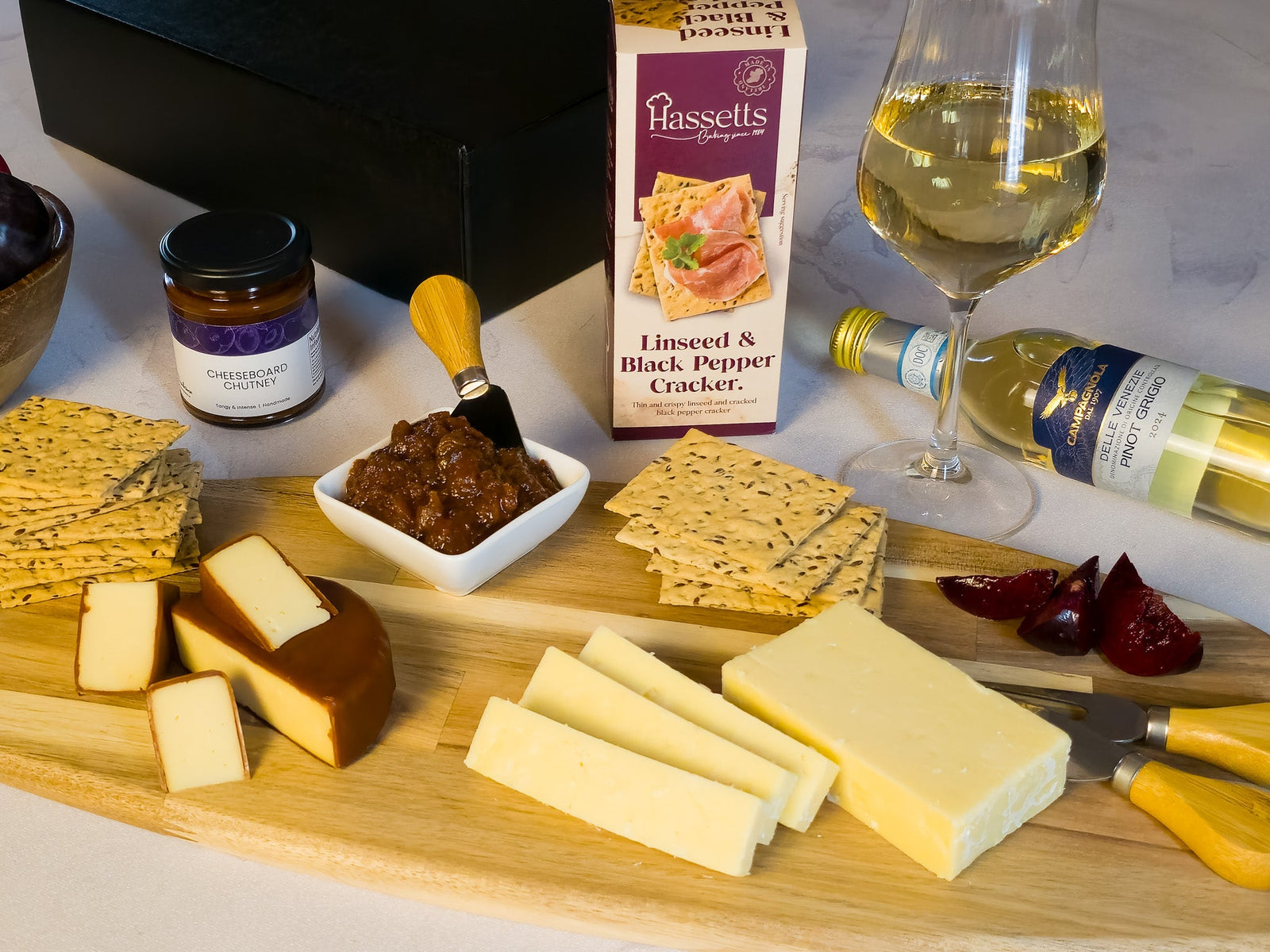 Cheese, Crackers, Chutney & White Wine in a black Gift Box