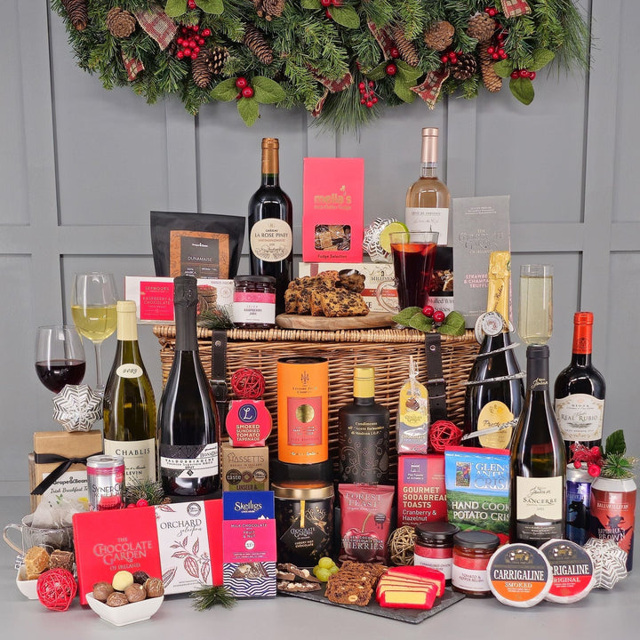 Christmas Hamper Basket with Fine Wine, Champagne, Prosecco &amp; Craft Beer - Grape &amp; Bean