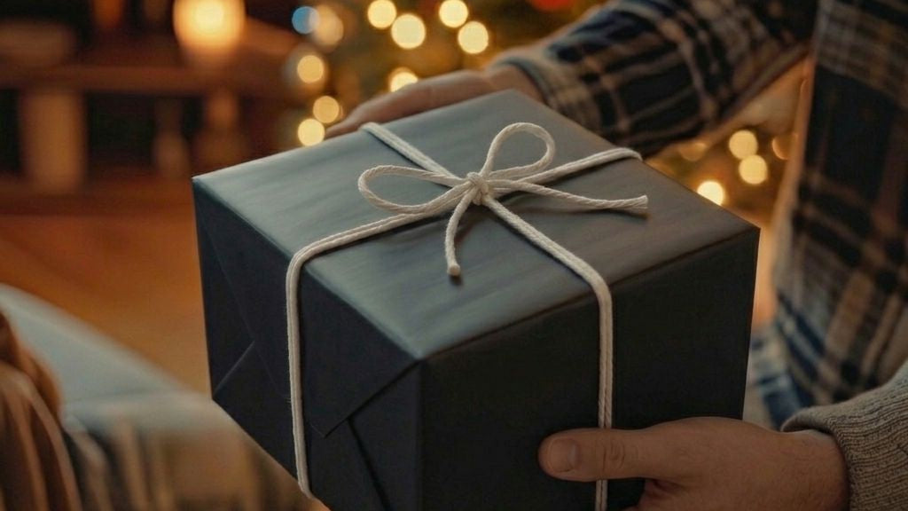 Person holding a wrapped gift with a Christmas tree in the background