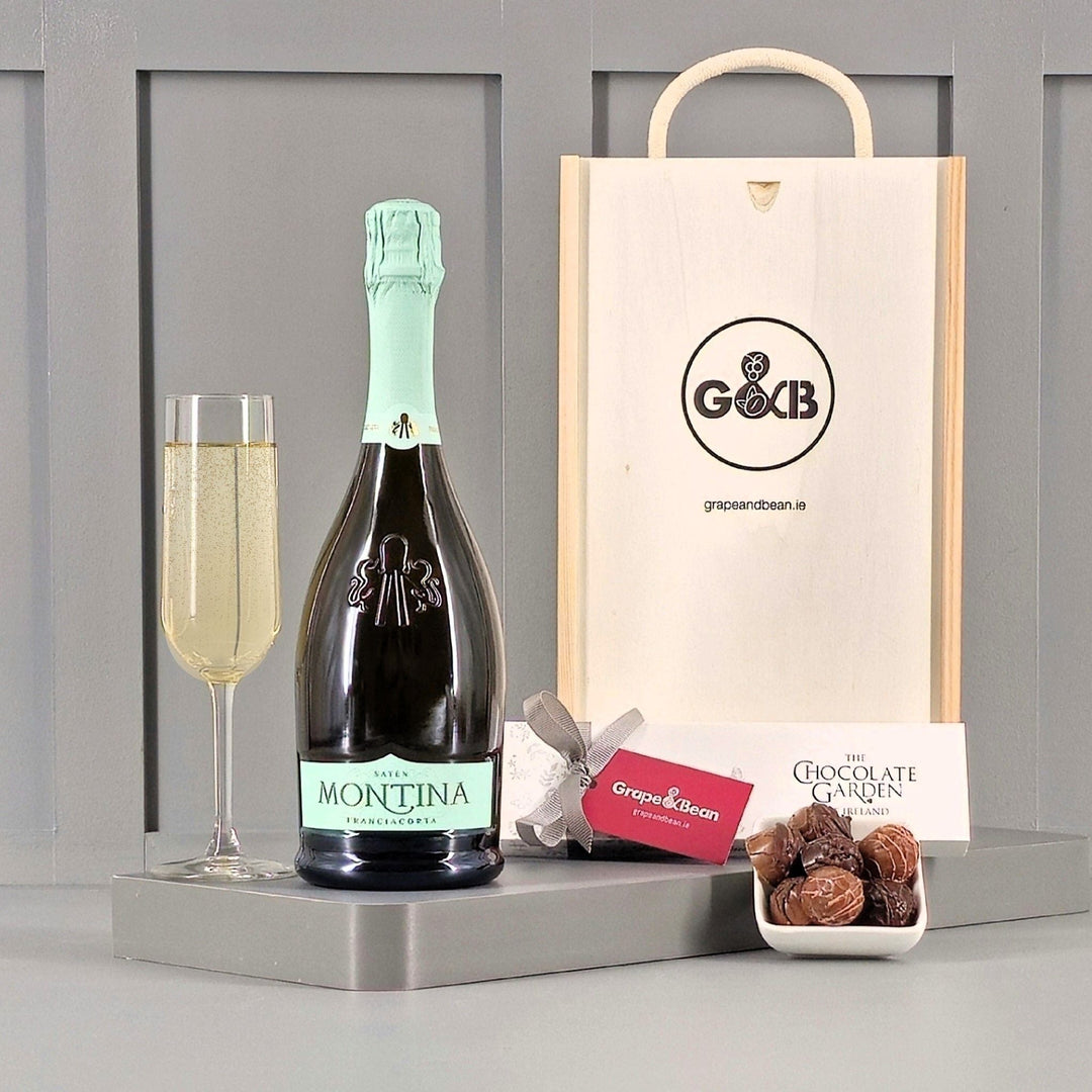 Franciacorta Saten & Irish Chocolates in a Gift Box - Grape & Bean