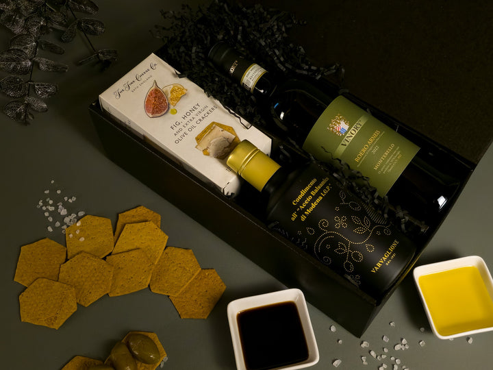 Gourmet Food Gift Box with Balsamic, Crackers and Fine White Wine - Grape & Bean