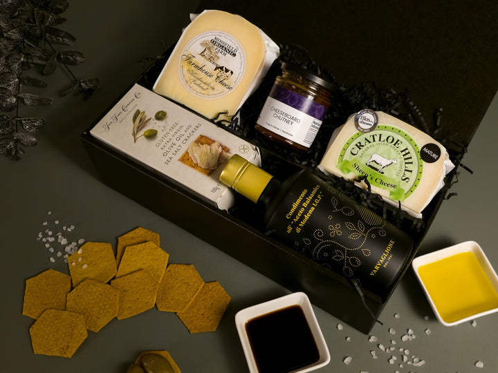 Gourmet Food Gift Box with Balsamic, Crackers, Chutney and Cheese 