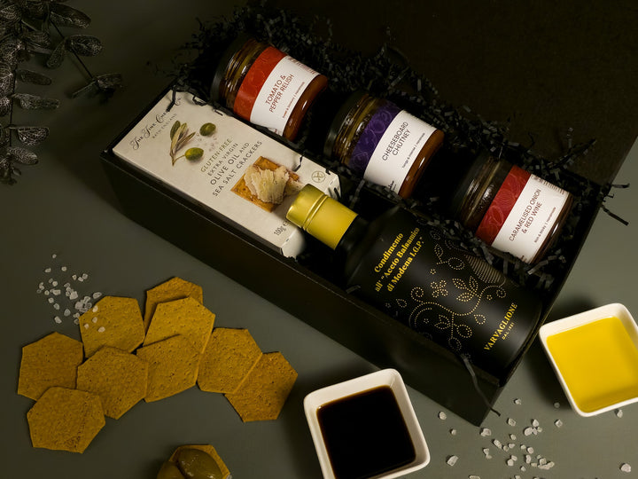 Gourmet Food Gift Box with Balsamic, Crackers, Chutney & Relish in a black gift box
