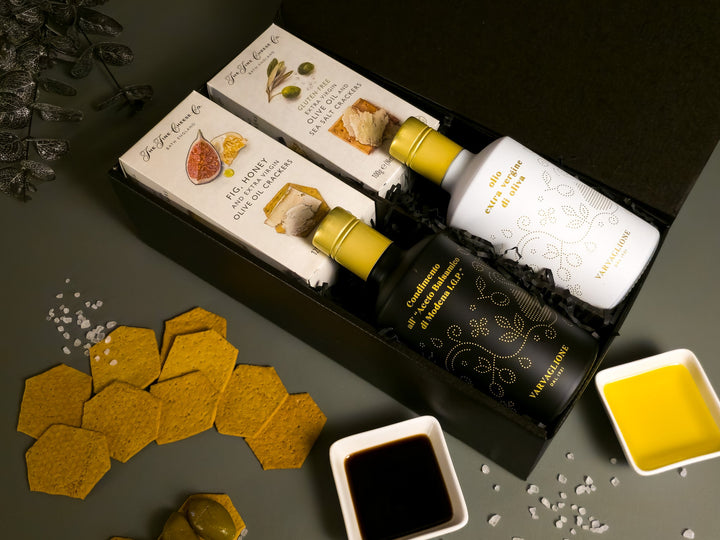 Gourmet Food Gift Box with EVO, Balsamic & Crackers in a black gift box